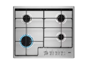 Aeg HGX6400SM 60cm wide 4 burner gas hob. Front silver rotary controls