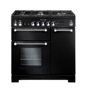 Rangemaster KCH90DFFBL/C Kitchener 90 Dual Fuel Range Cooker in Black/Chrome - 81420